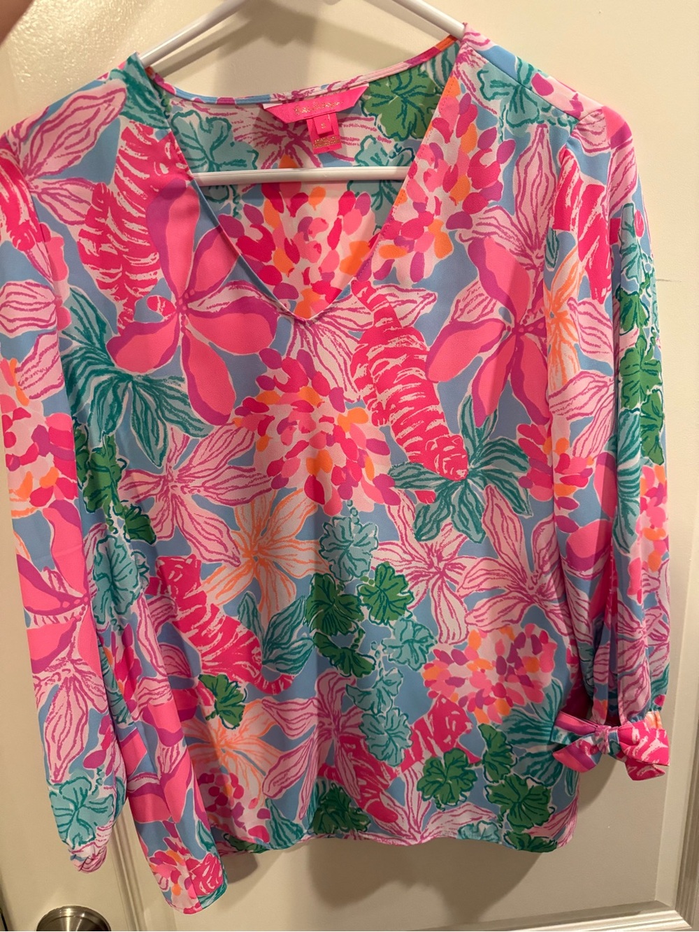 Lilly Pulitzer Pink, Blue & Green Tropical V-Neck Blouse